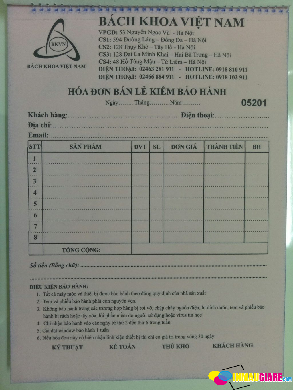 Bảng Giá iN Hóa Đơn Bán Lẻ Và Phiếu Bảo Hành Cho Tiệm Điện Thoại